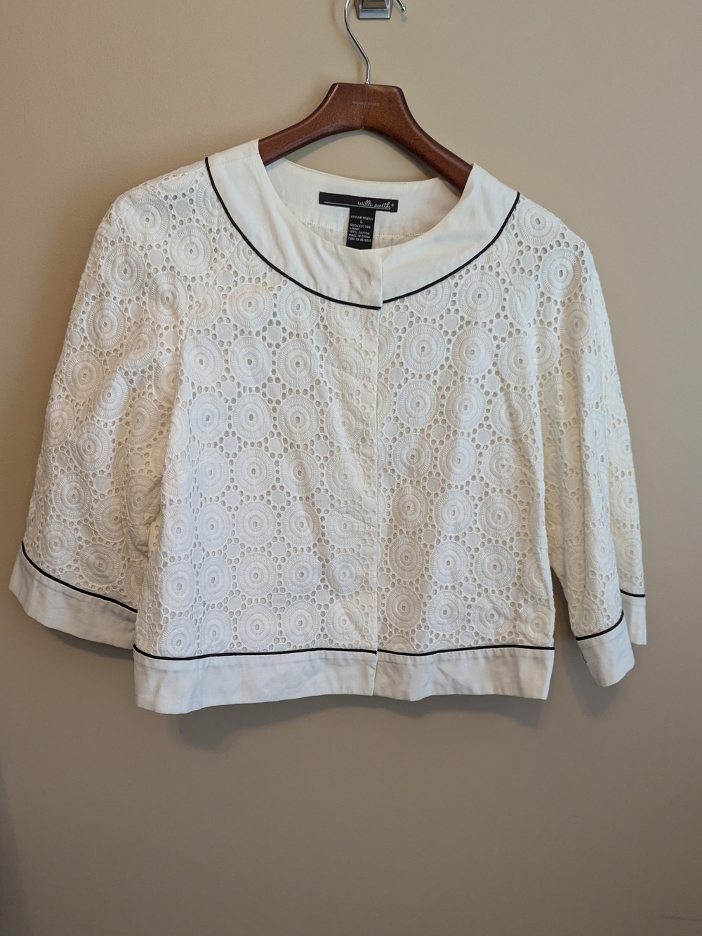 Willi Smith White Eyelet Cropped Jacket with Black Trim